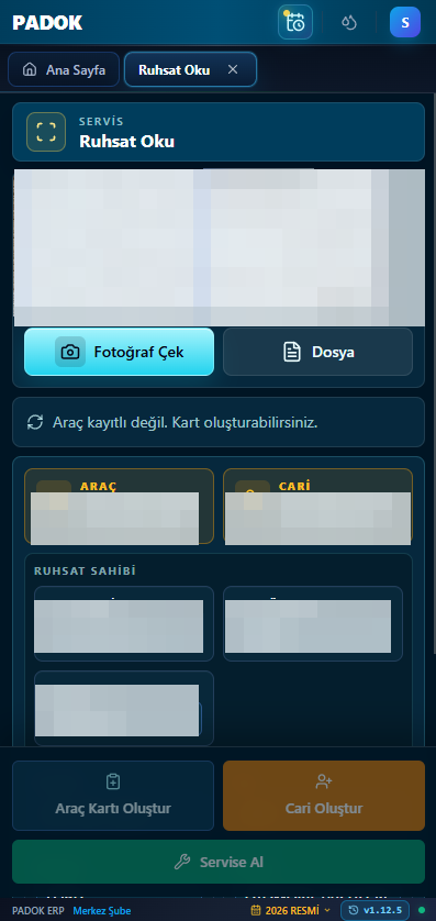 PADOK Bulut mobil ruhsat okuma ekranı